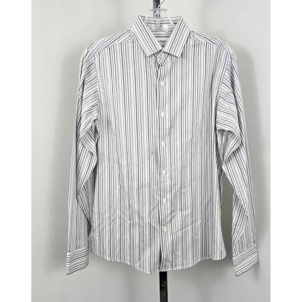 Calvin Klein Button Down Stripe Boy Dress‎ Causal Shirt Gray White 16